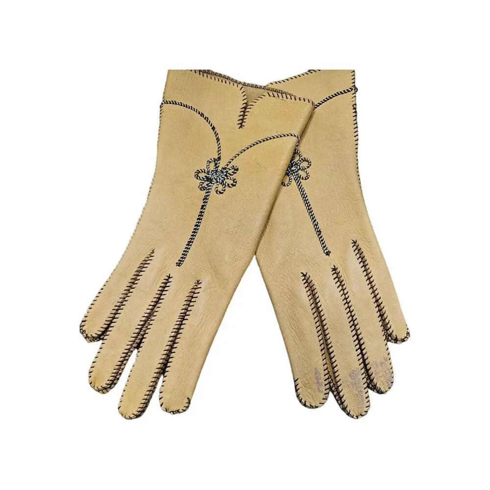 Vintage Embroidered Leather Gloves SZ 6 3/4